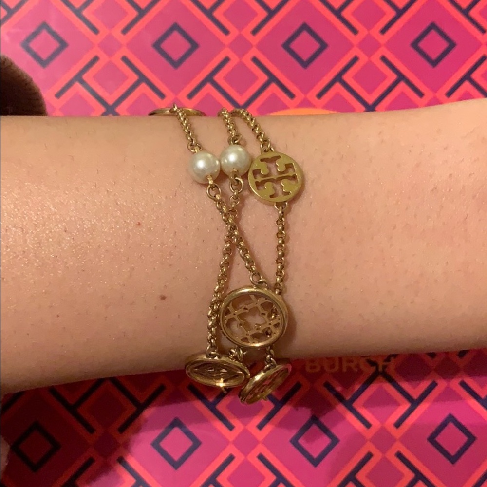 Tory Burch Multi Strand Logo Pearl Bracelet